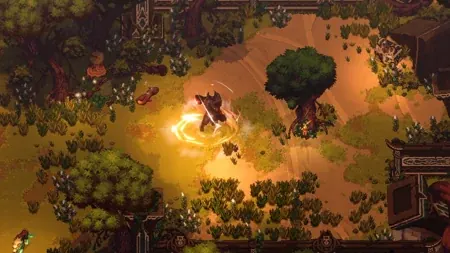 A character using a fiery ability in a woodland clearing.