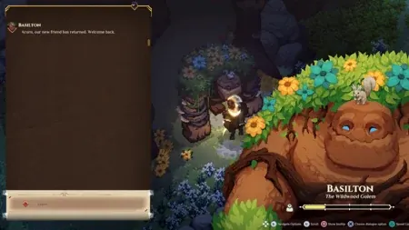 An in-game conversation with Basilton beside a quest panel.