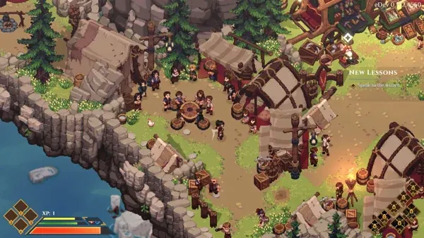 An isometric view of a village beside the water in Dimraeth.